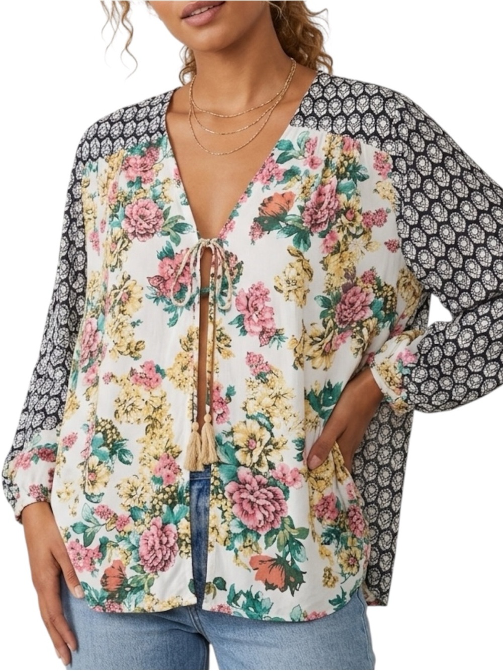 Jodifl Mixed Print Floral & Paisley Open Tie-Front Blouse Size Large